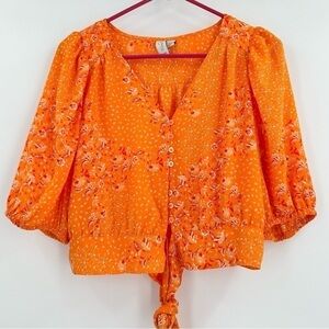 JOIE Women’s V-Neck Orange/Pink Floral Balloon Sleeve Crop Top w/Tie Size Large